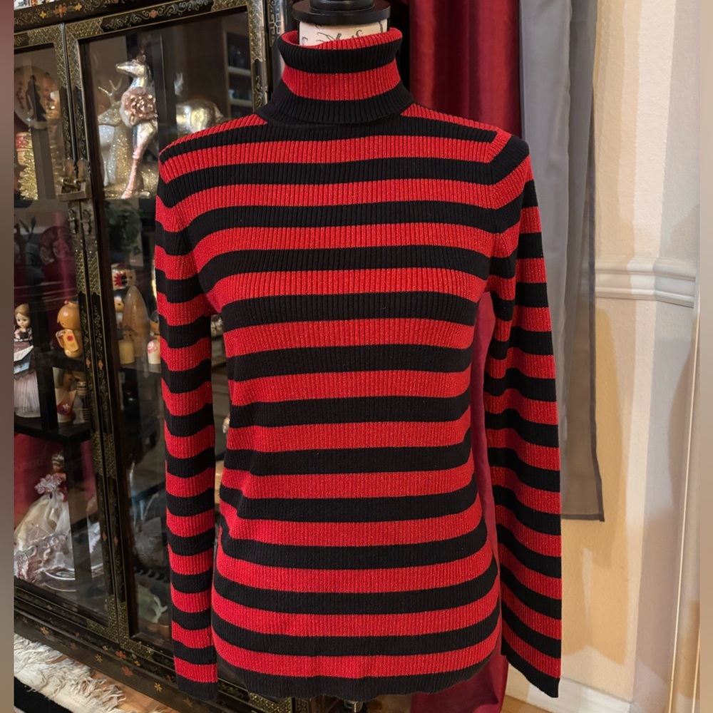 Vintage 90’s New York & Co Striped Red Metallic and Black Turtleneck Sweater